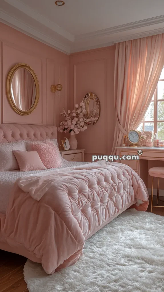 Elegant pink bedroom with tufted bed, matching pink pillows, plush comforter, white rug, round mirrors, flower vase, and curtains.