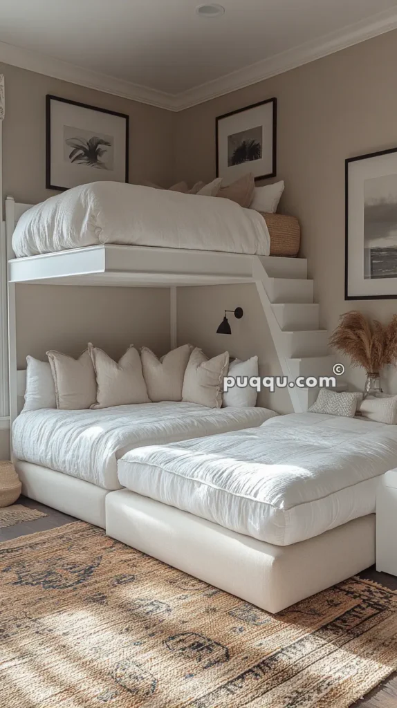 Cozy bedroom with a white bunk bed featuring a double bed on the upper level and a queen-sized bed below, adorned with cream and beige bedding. The room includes neutral wall art, a woven rug, a staircase to the upper bunk, and soft lighting.