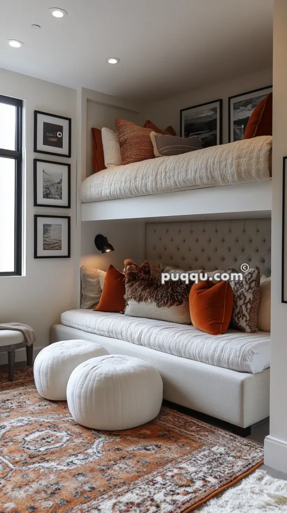 Cozy modern bedroom with bunk beds, neutral bedding, orange and brown throw pillows, two white poufs, and a patterned rug. The room includes framed wall art and a tufted headboard.