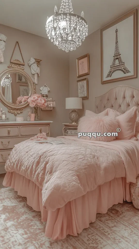 Elegant pink bedroom with a tufted headboard, chandelier, rose-adorned dresser, and Eiffel Tower artwork on the wall.