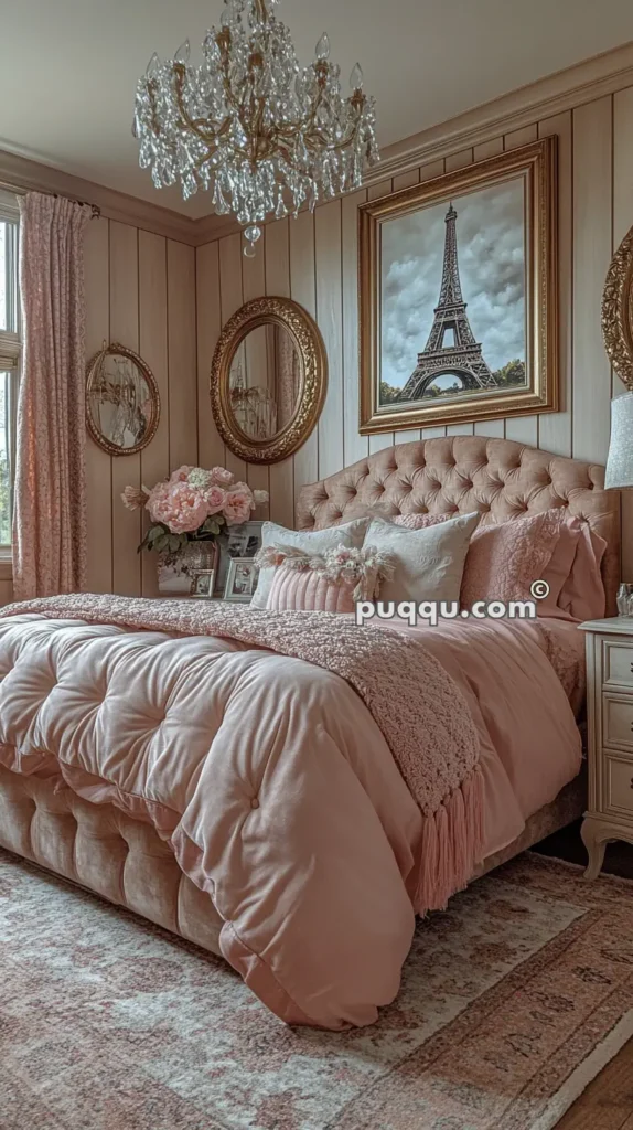 Elegant bedroom with blush pink bedding, a tufted headboard, ornate chandelier, wooden walls, and framed pictures including one of the Eiffel Tower.