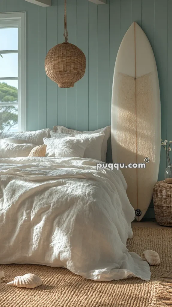 A cozy bedroom with light blue shiplap walls, a wicker pendant lamp, a plush white bedspread with pillows, a surfboard standing against the wall, and a basket with a vase beside it.