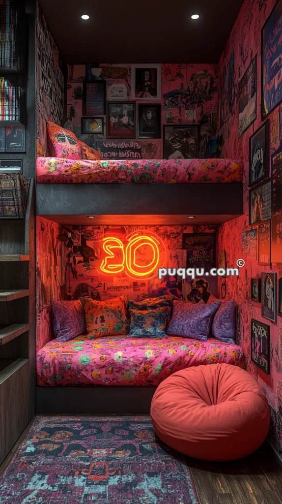 Colorful bunk bed setup with vibrant pink and orange bedding, surrounded by eclectic wall art and posters. Neon sign reads "30." A red bean bag and a patterned rug are on the wooden floor. A bookshelf with comic books is visible to the left.