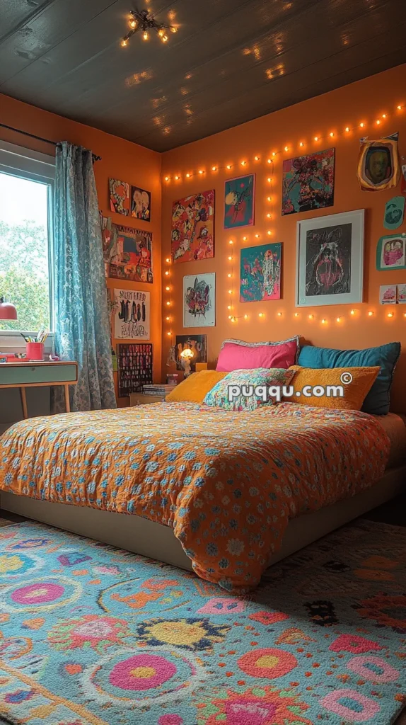 A cozy bedroom with vibrant orange walls, decorated with string lights and colorful art pieces. The bed features a patterned orange quilt and an assortment of bright pillows. A blue and multicolored patterned rug covers the floor. A desk with a pink lamp is next to a window with blue curtains.