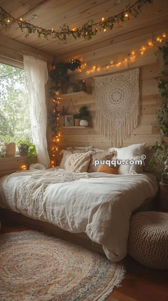 Cozy bedroom decorated with string lights, macramé wall hanging, potted plants, and a large window with sheer curtains, featuring a bed with textured pillows and a round woven rug on the wooden floor.