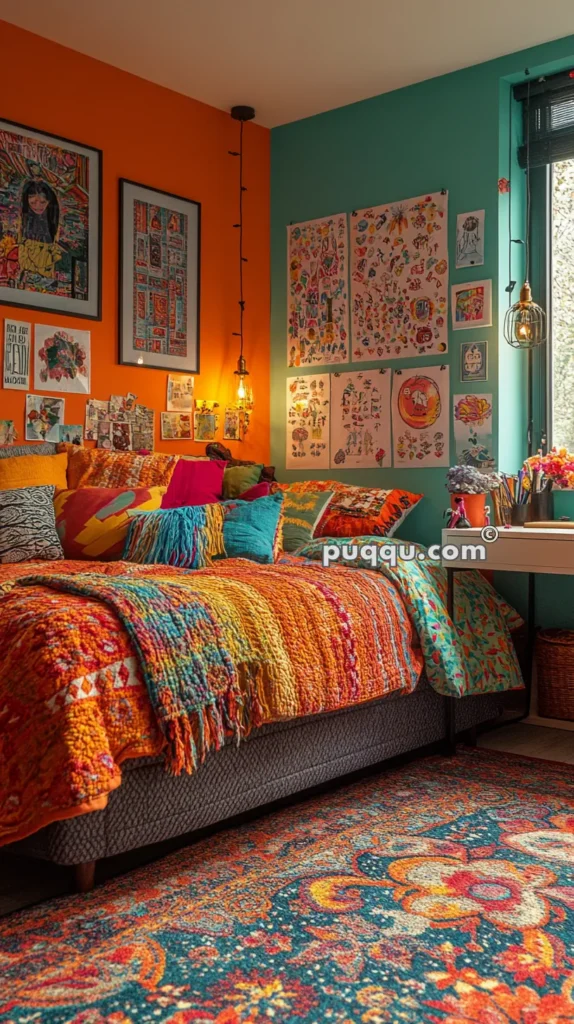 Cozy bedroom with vibrant, colorful decor including a quilted bedspread, an assortment of pillows, framed artwork, and posters on orange and teal walls, a desk with art supplies, and a patterned rug.