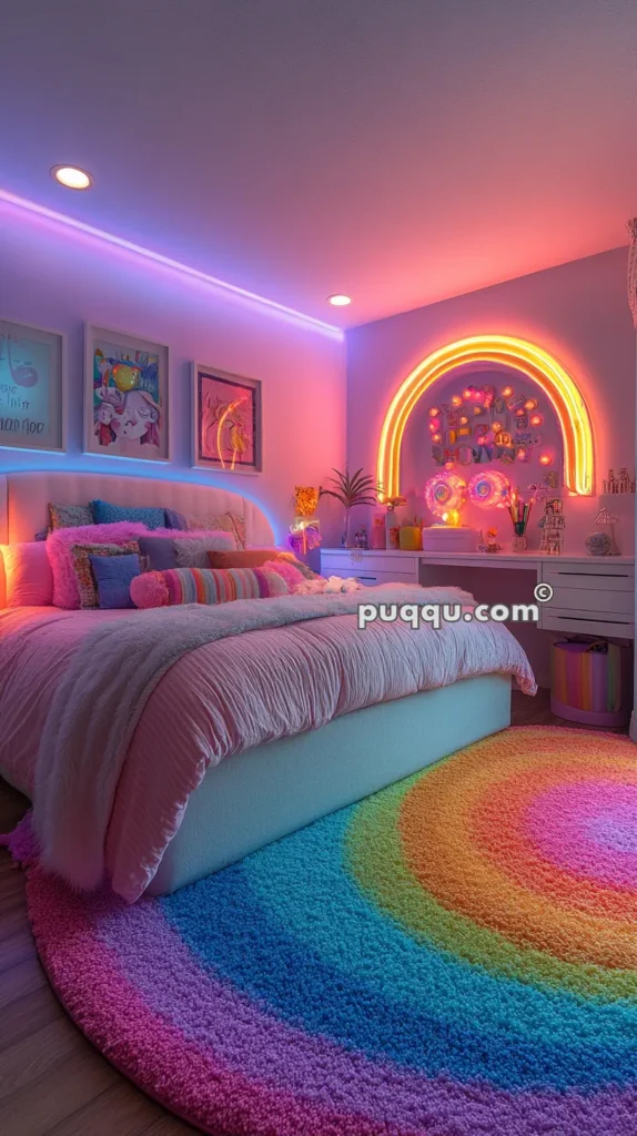 Colorful bedroom with rainbow neon lights, plush bed with multicolored pillows, wall art, and a vibrant rainbow-patterned rug.