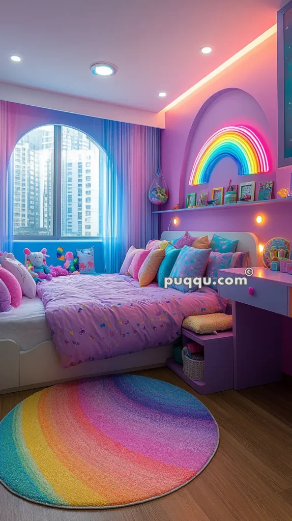 Colorful children's bedroom with a rainbow theme featuring a neon rainbow wall light above the bed, pink and purple bedding with colorful pillows, plush toys, and a round rainbow rug on a wooden floor.