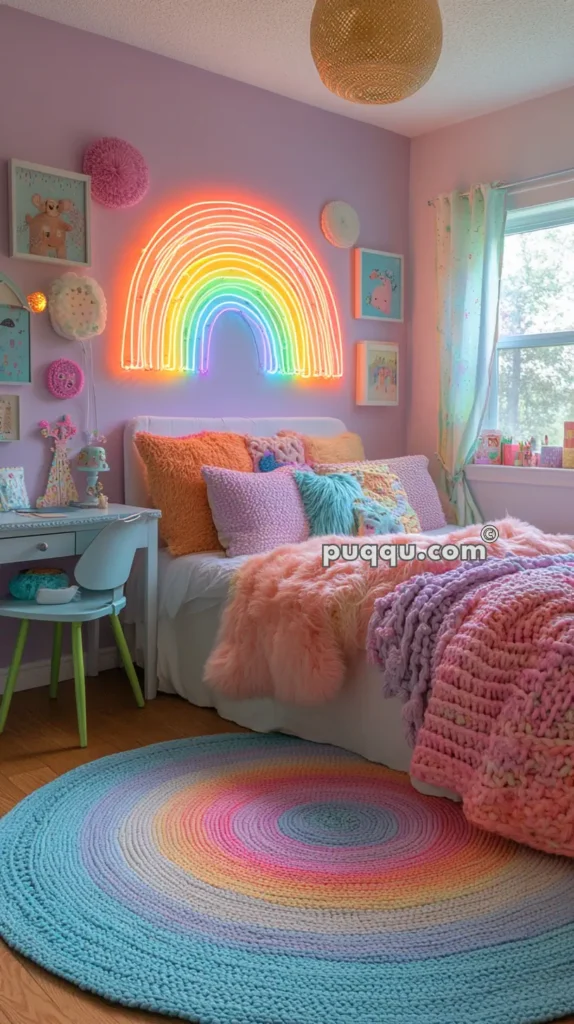 Colorful children's bedroom with a neon rainbow wall light, fluffy pillows and blankets in pastel shades, framed art on the walls, a turquoise crocheted round rug, a small desk with a chair, and a window with sheer curtains.