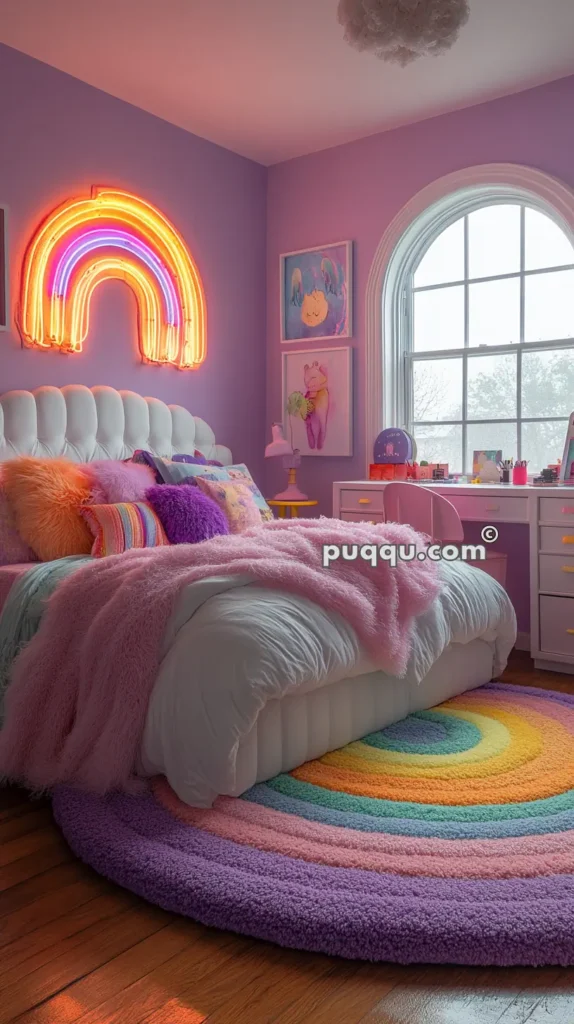 Cozy bedroom with pastel purple walls, a tufted white bed, fluffy pink and rainbow-colored pillows, a neon rainbow wall light, a colorful rainbow rug, and a white desk under an arched window.