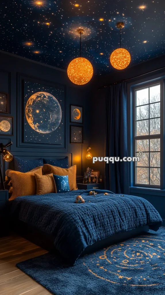 Dark-themed bedroom with a celestial motif featuring a starry ceiling, moon and planet-themed wall art, and round pendant lights resembling glowing stars. The bedding and decor are in rich blue and gold tones. The room has a large window with dark curtains.