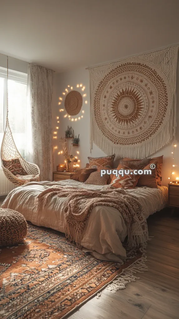 Cozy bedroom with a bohemian aesthetic, featuring a bed with textured pillows and blankets, a macramé wall hanging, a hanging chair, fairy lights, and a patterned rug on wooden flooring.