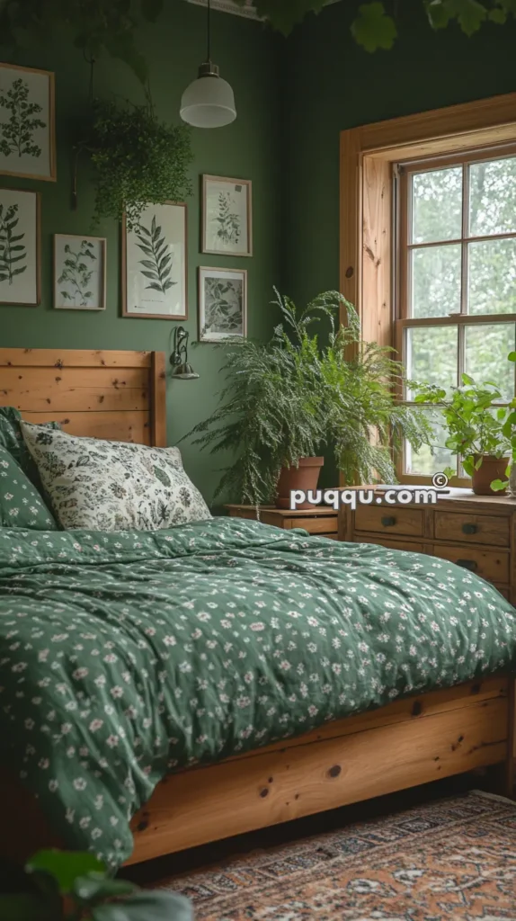 Cozy bedroom with a wooden bed frame, green floral bedding, and an assortment of green plants near a wooden window. Framed botanical prints hang on green walls.