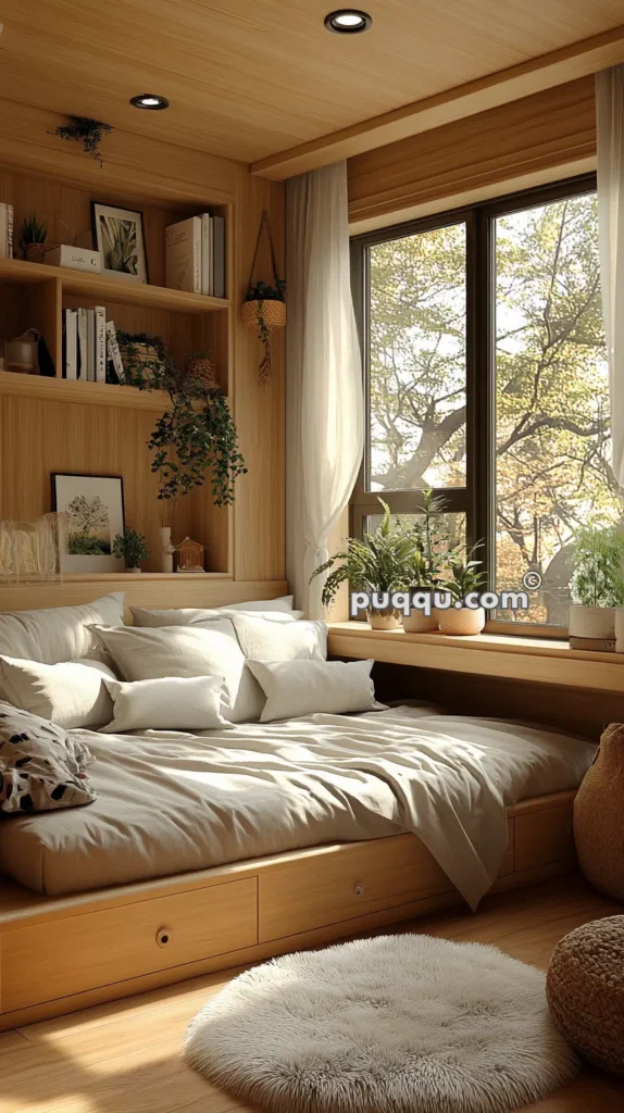 Cozy bedroom with a large bed covered in white linens, surrounded by wooden shelves filled with books and plants, next to a large window letting in natural light, and a fluffy white rug on the floor.