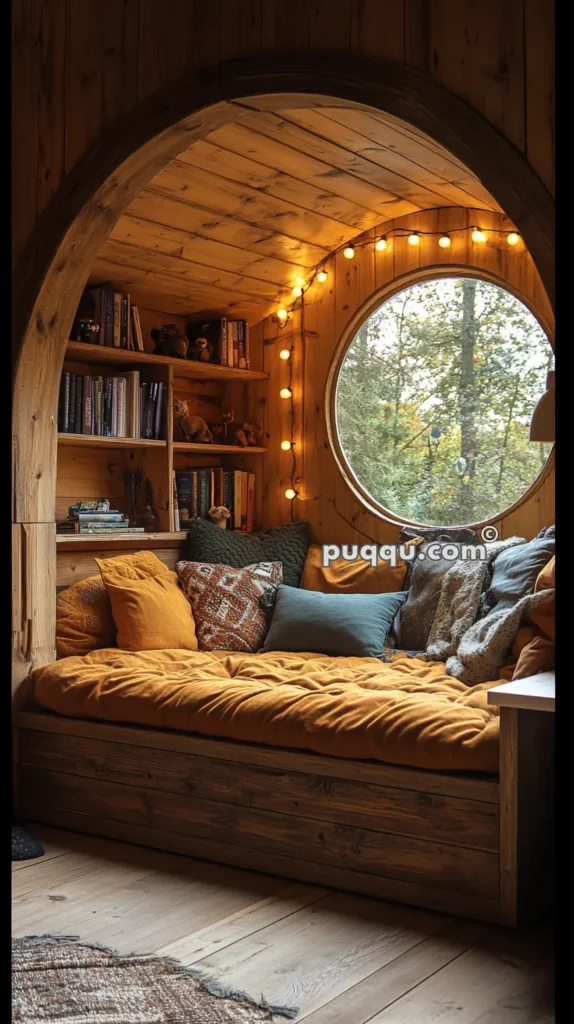 Cozy wooden nook with a circular window, string lights, bookshelves, and a cushioned bench with pillows and blankets.