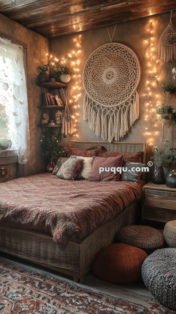 Cozy bedroom with a large macrame wall hanging above a bed, warm string lights, decorative cushions, textured blankets, and a mix of plants and books on wooden shelves.