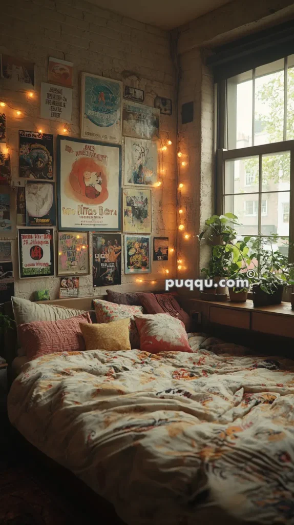 Cozy bedroom with a bed covered in floral bedding and colorful pillows, surrounded by a wall of vintage posters and string lights, with potted plants by a large window.