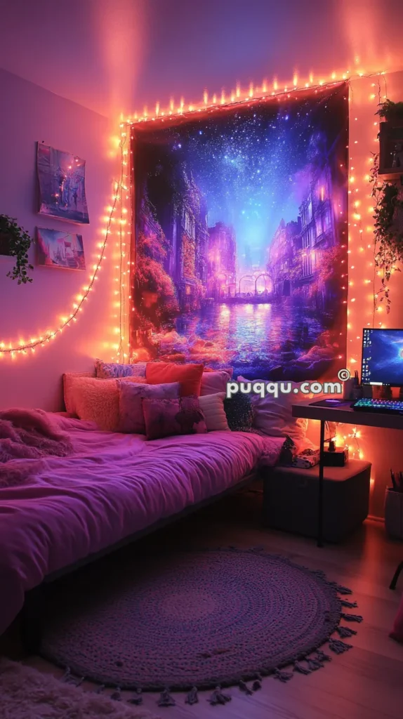 Cozy bedroom with pink bedspread, decorative pillows, and fairy lights framing a wall tapestry of a mystical cityscape. A small desk with a computer and a round rug are also present.