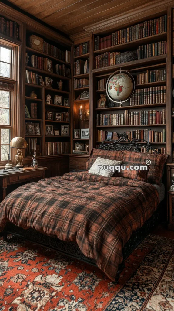 Cozy bedroom with dark wood bookshelves filled with books, a globe, and framed photos. A bed with brown plaid bedding, antique wooden desk, and a vintage table lamp. The space features wood-paneled walls and a red patterned rug.