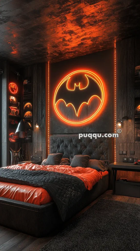 Bedroom with a large neon Batman logo on the wall above the bed, decorated with dark tones, orange bedding, and black pillows.