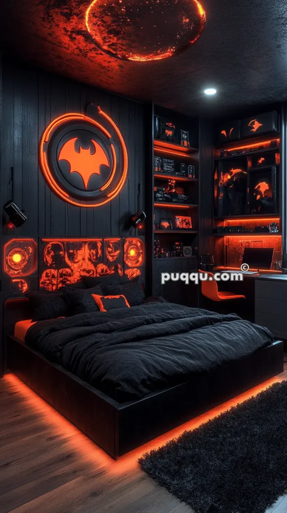 Bedroom with a Batman theme featuring black walls and furnishings, orange neon bat symbol over the bed, matching neon lighting under the bed, shelves with Batman memorabilia, and a desk with a laptop.