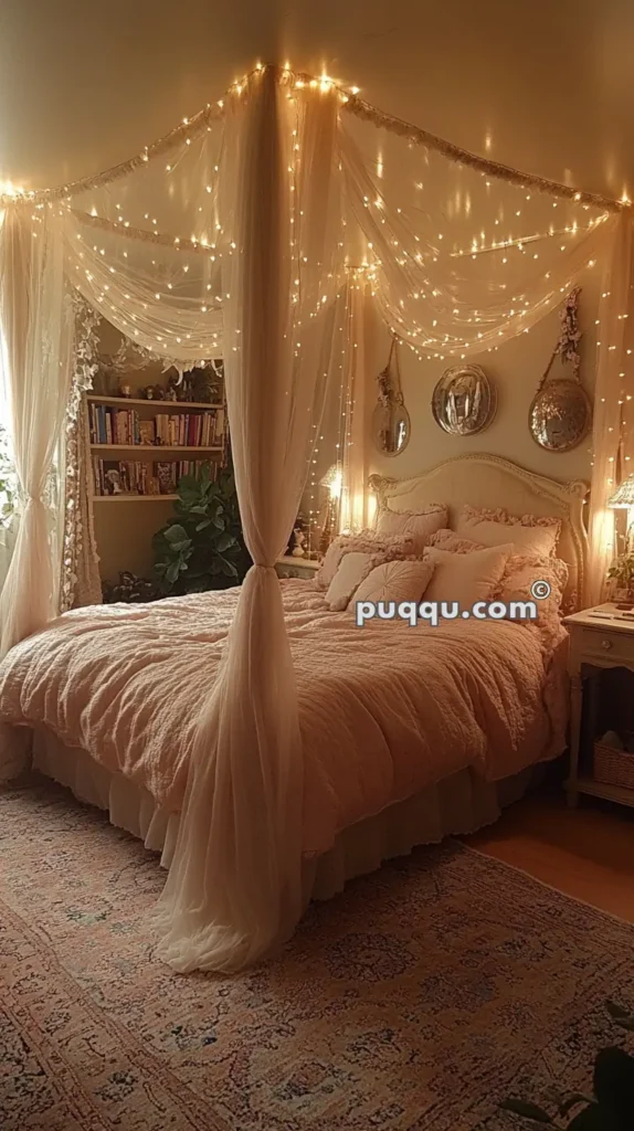 Cozy bedroom with a canopy bed draped in sheer fabric and fairy lights, pastel bedding, wall mirrors, a bookshelf, and potted plants.