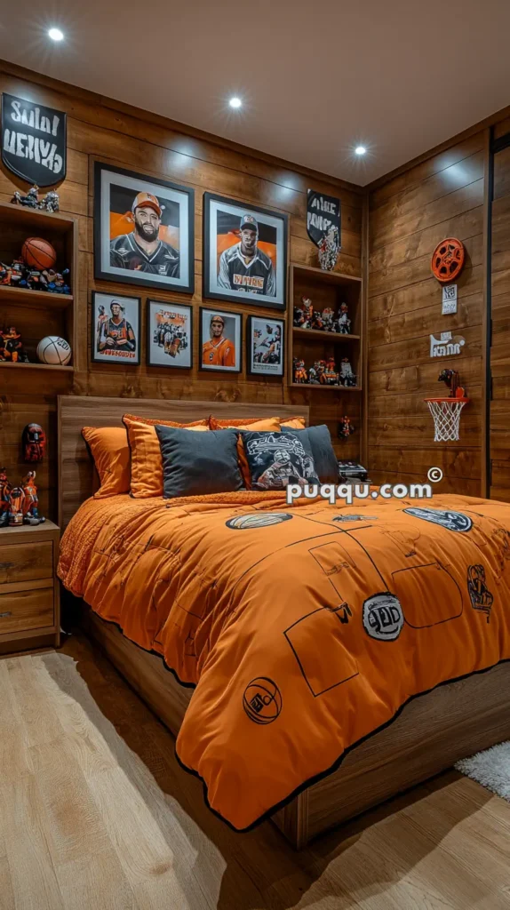 Basketball-themed bedroom with orange bedding, framed basketball player portraits on a wooden wall, and shelves displaying sports memorabilia.