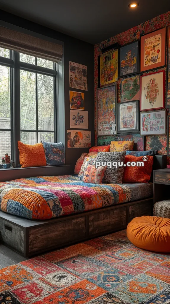 Cozy room with colorful patchwork bedding and cushions, vibrant rug, wall decorated with various framed artworks, large window with outside view, and muted lighting.