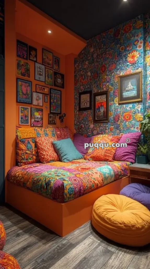 A cozy, brightly colored corner with an orange base, vibrant cushions in various patterns, a textured wall with numerous framed pictures, and a puffed yellow floor cushion.