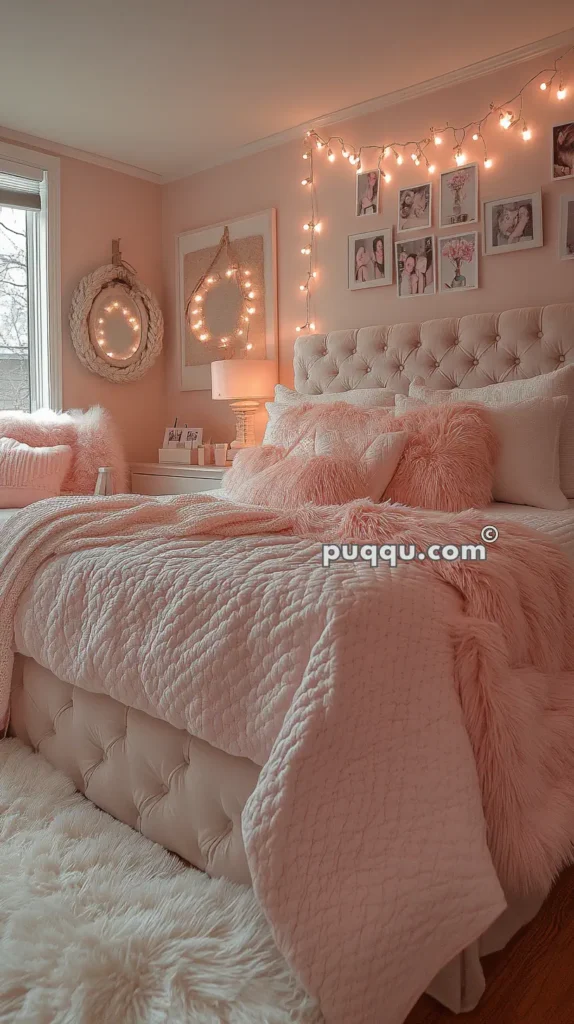 Cozy bedroom with a pink and white color scheme, featuring a tufted bed, fluffy pillows and blanket, string lights, wall art, and a bedside table with a lamp.