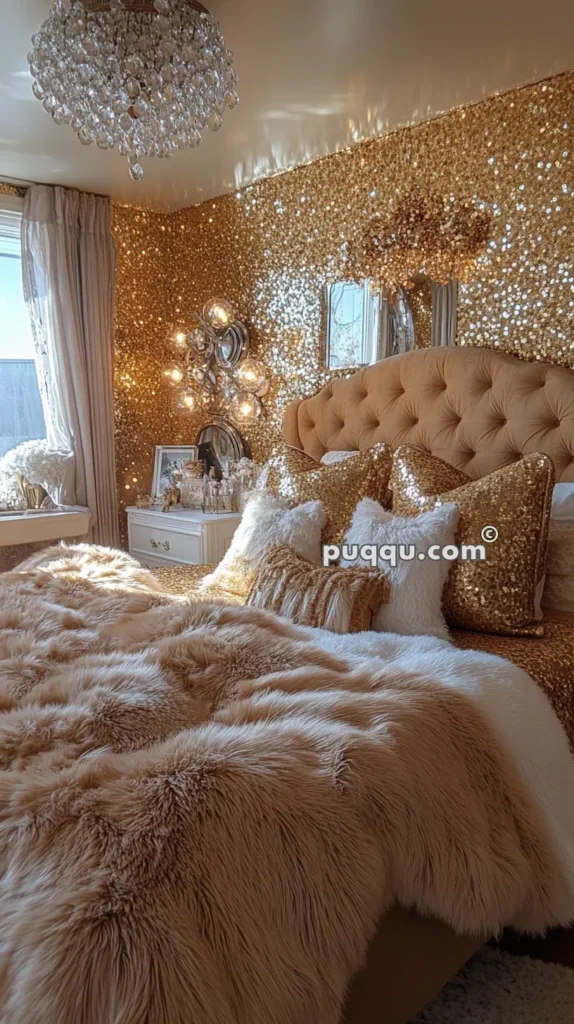 Luxurious bedroom with a crystal chandelier, tufted bed, plush fur bedding, sequin pillows, and gold sequin-covered walls.