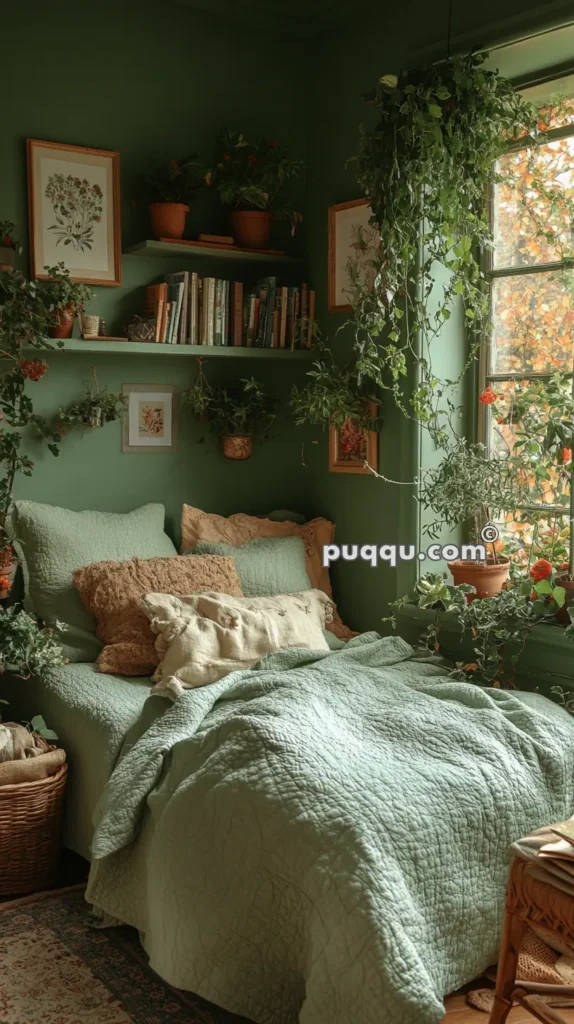 Cozy bedroom with green walls, a neatly made bed with green bedding, numerous throw pillows, and surrounding indoor plants. Shelves above the bed hold books and potted plants, and a window with climbing plants is on the right.