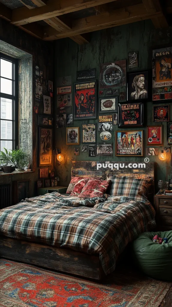 Rustic bedroom with a wooden bed frame, plaid bedding, green walls adorned with various posters, a large window, potted plants, and warm lighting from exposed bulbs.