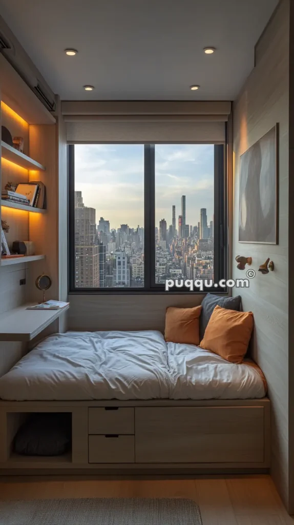 Compact bedroom with a bed by a large window overlooking a city skyline, built-in shelves with books and decor, and a small desk area.