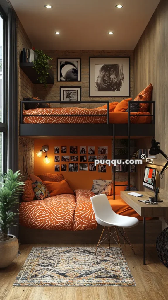 Modern loft bedroom with bunk beds featuring orange patterned bedding, a wall-mounted desk with a computer, white chair, potted plant, decorative rug, and various wall art and photos.