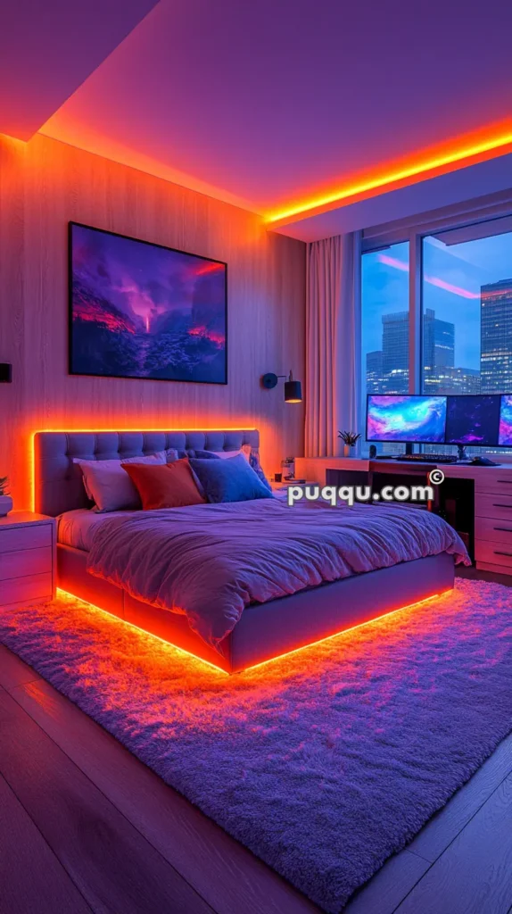 Modern bedroom with ambient orange and purple LED lighting, featuring a large bed, wooden walls, a rug, and a desk with dual monitors displaying vibrant space images. Large windows showcase a cityscape in the background.