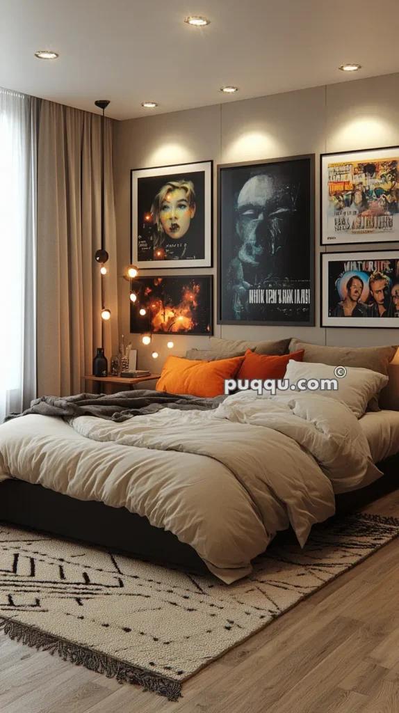 Modern bedroom with beige walls, a queen-sized bed with beige and burnt orange pillows, a patterned rug, and framed posters on the wall behind the bed.