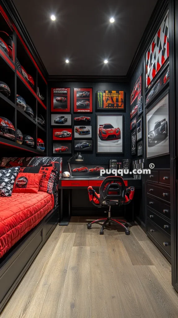 A small, modern bedroom with a racing car theme featuring a bed with red and black bedding, shelves displaying racing helmets, a desk with sports car images on the wall above it, and a red and black racing chair.