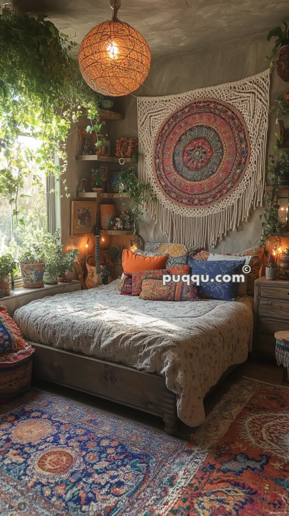 Cozy bedroom with a bohemian theme, featuring a bed adorned with vibrant pillows and a quilt, a large macramé wall hanging with a colorful circular pattern, potted plants, warm ambient lighting, and a Persian-style rug.