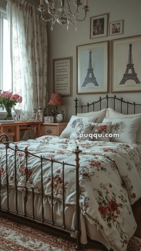 A cozy bedroom with floral bedding on an iron bed, floral curtains, framed pictures of the Eiffel Tower and text on the wall, a wooden bedside table with a lamp, and a window with natural light.