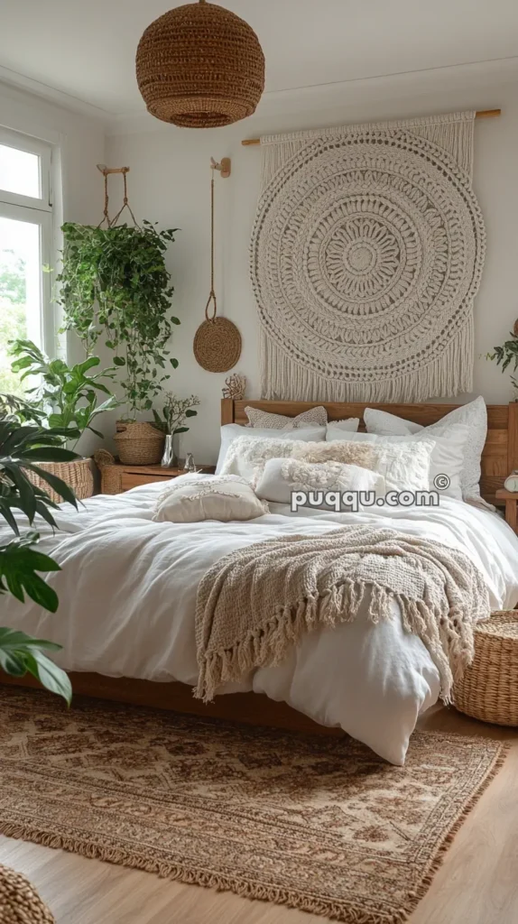 Stylish bedroom with a bohemian theme featuring a large macrame wall hanging, woven pendant light, and several plants. The bed is adorned with textured cushions and a cozy throw, complemented by a patterned rug on the floor.