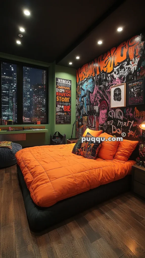 Modern bedroom with an orange bedspread, graffiti wall art, and large windows showing a cityscape at night.