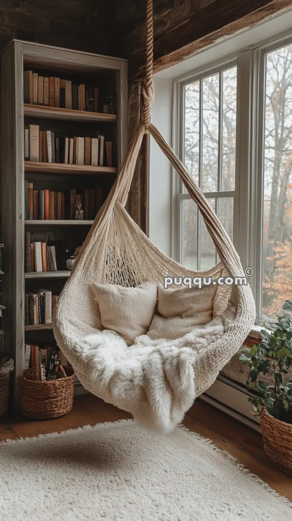 Cozy reading nook with a macramé hanging chair adorned with pillows and a fluffy blanket, next to a bookshelf filled with books, in a room with large windows and plants.