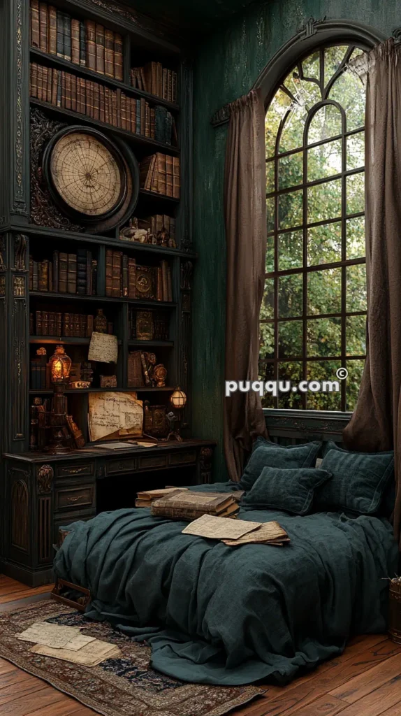 Cozy vintage-style bedroom with dark wood bookshelves filled with books and a large wall-mounted compass, a desk with vintage lamps, a bed with dark green bedding, and large arched windows with curtains.