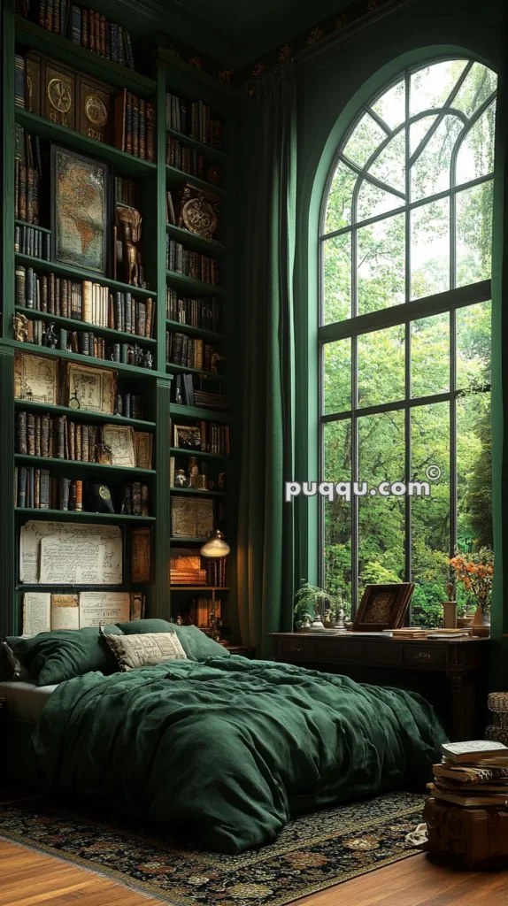 Cozy bedroom with tall bookshelves filled with books and maps, a large arched window with green curtains, and a bed with dark green bedding.