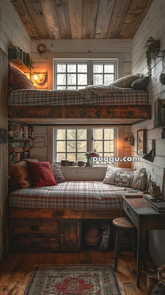 Cozy rustic bedroom with bunk beds, plaid bedding, wooden walls and ceiling, a small desk with a stool, bookshelves, and a window.