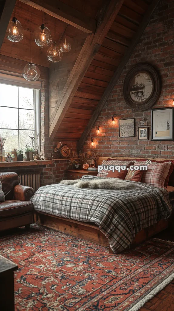 Cozy attic bedroom with wooden ceilings, brick walls, a large window, and a patterned red rug. The room features a plaid-covered bed, vintage decor, hanging light bulbs, and a leather armchair.