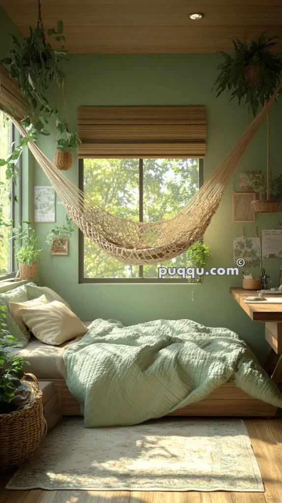 Cozy bedroom with light green walls and bedding, a woven hammock hanging by a large window, and various potted plants and botanical decor.