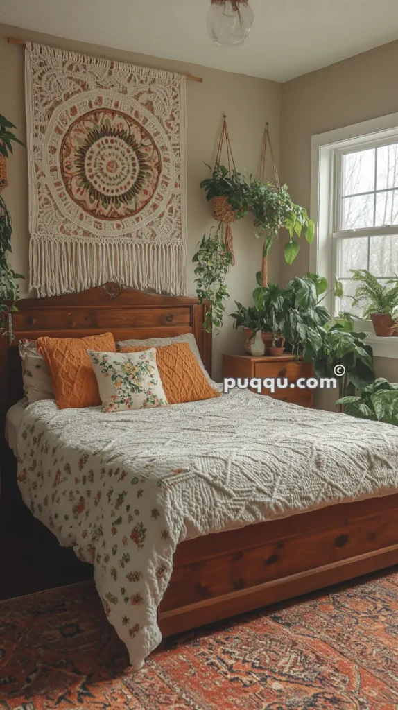 Cozy bedroom with a wooden bed frame, white and floral bedding, orange pillows, and a macramé wall hanging above the bed. Numerous potted plants and hanging planters surround a sunlit window.