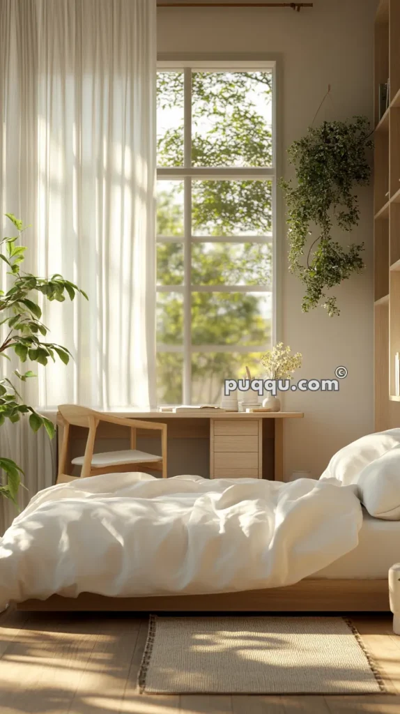 Cozy bedroom with a wooden bed, white bedding, large window with sheer curtains, indoor plants, and a wooden desk with books and decor.